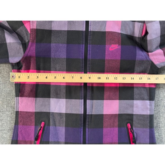 Nike Sportswear Full‎ Zip Flannel Jacket Purple Pink Plaid Hooded Women's Small - Picture 8 of 9